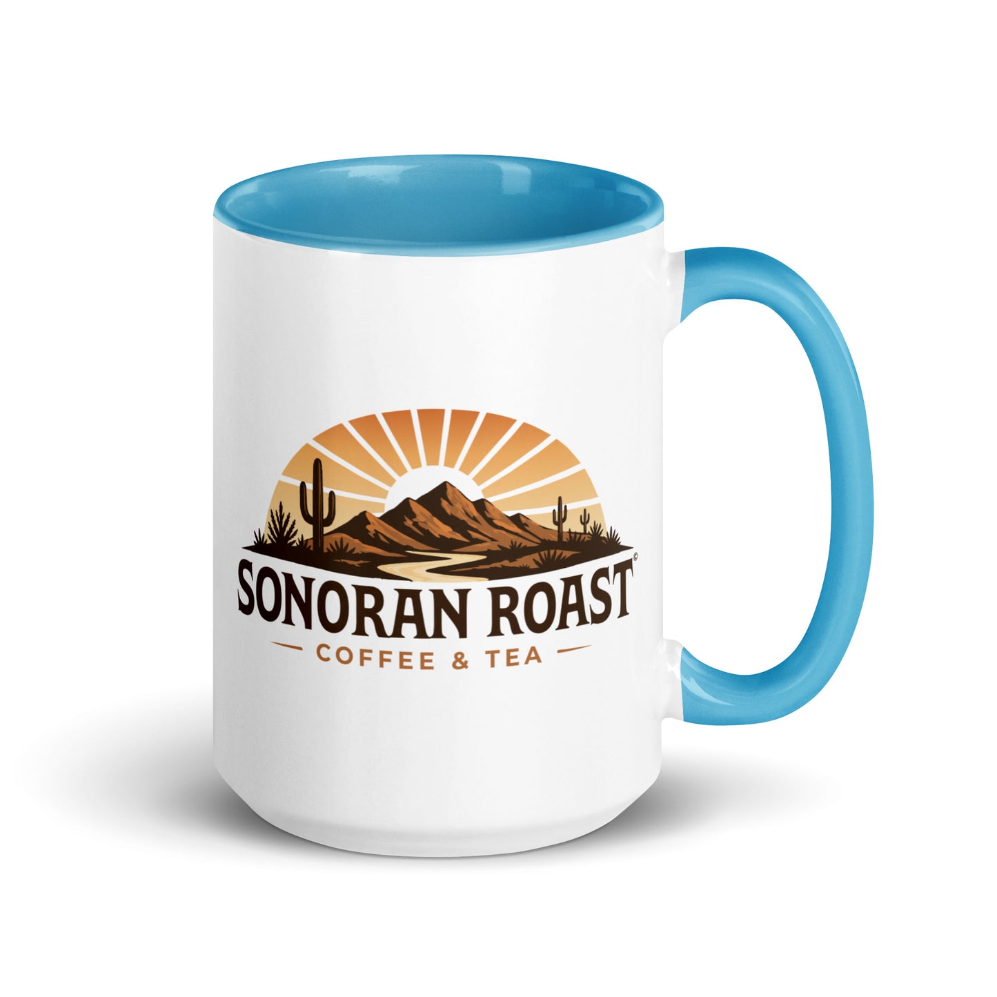 Right view of 15 ounce Sonoran Roast Mug with blue color inside