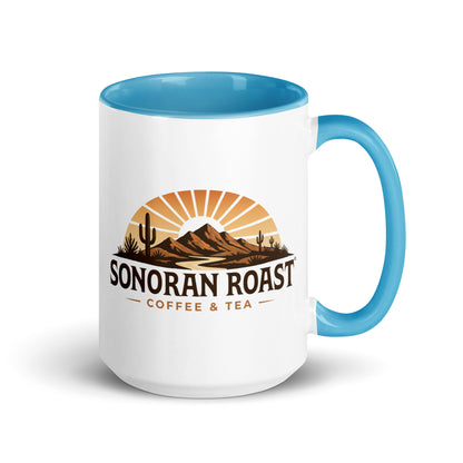 Right view of 15 ounce Sonoran Roast Mug with blue color inside
