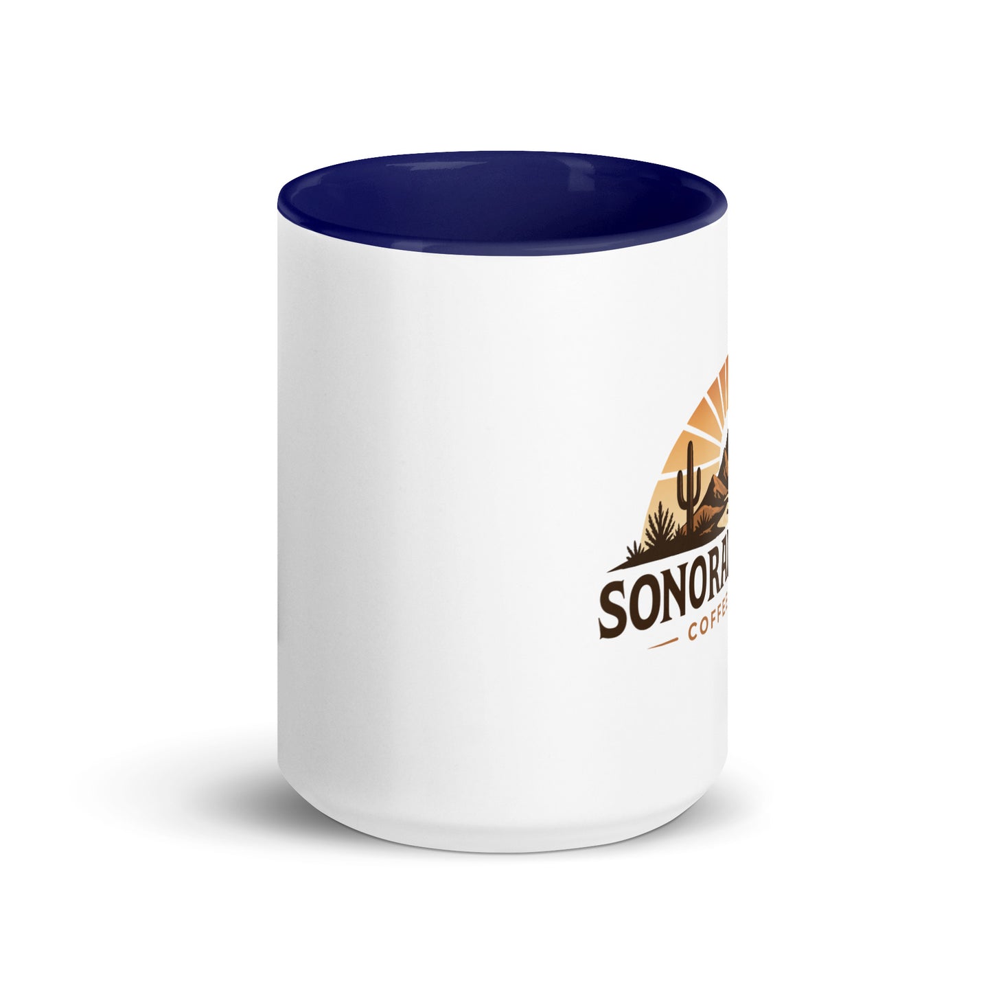 Front view of 15 ounce Sonoran Roast Mug with dark blue color inside