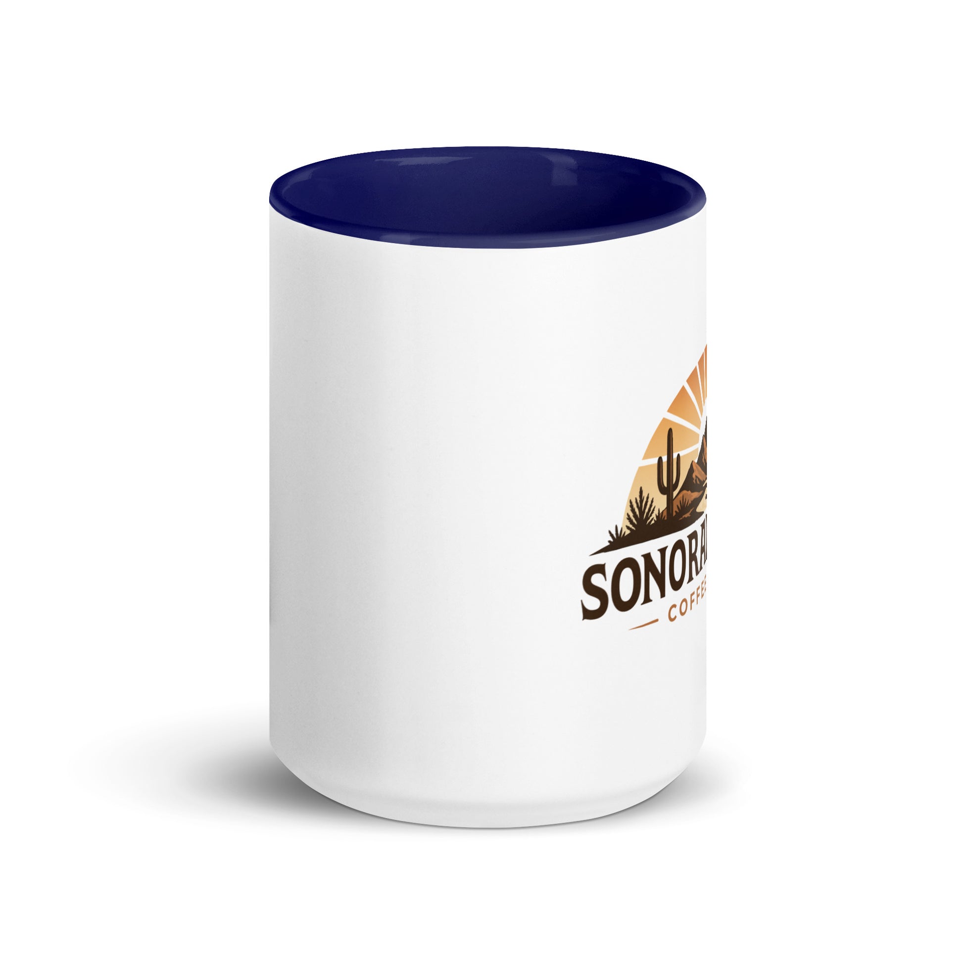Front view of 15 ounce Sonoran Roast Mug with dark blue color inside
