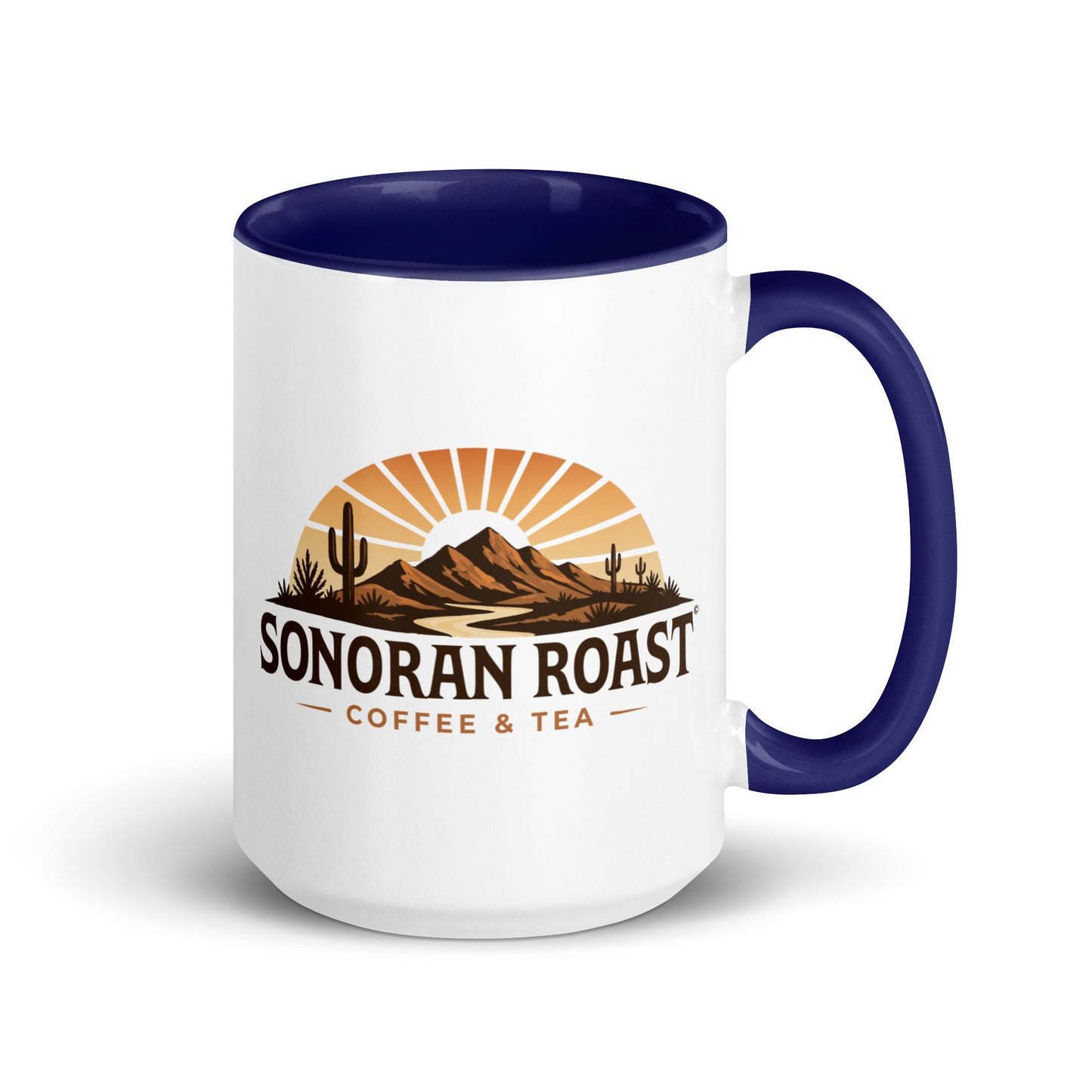 Right view of 15 ounce Sonoran Roast Mug with dark blue color inside