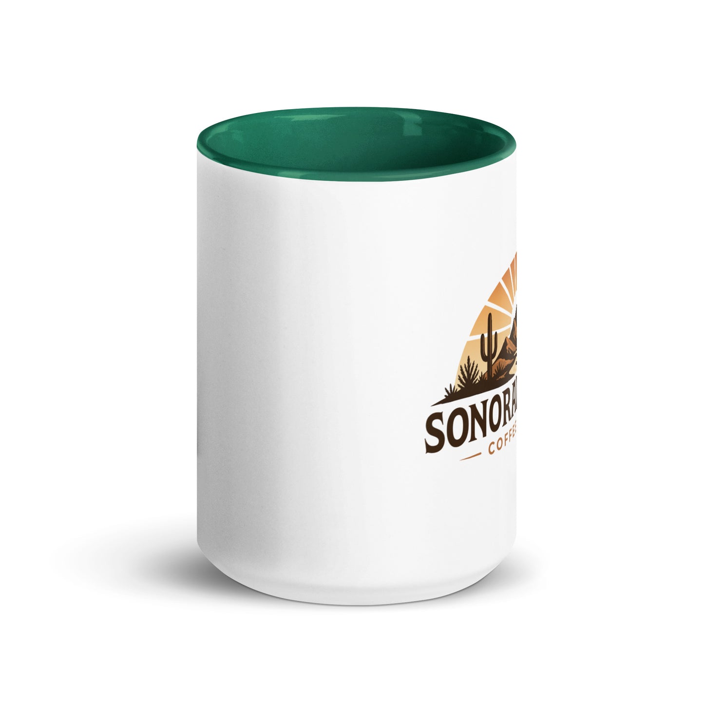 Front view of 15 ounce Sonoran Roast Mug with dark green color inside