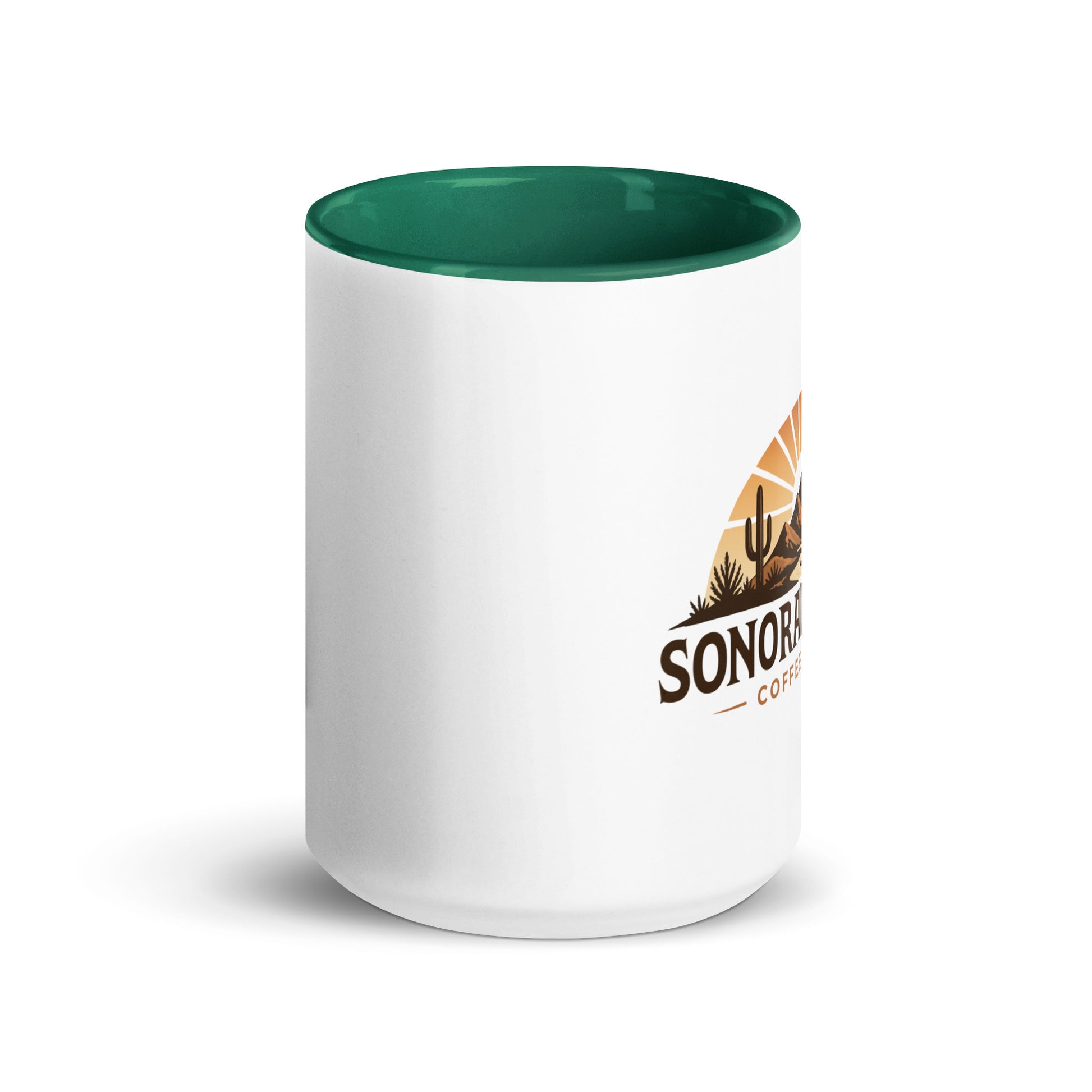 Front view of 15 ounce Sonoran Roast Mug with dark green color inside