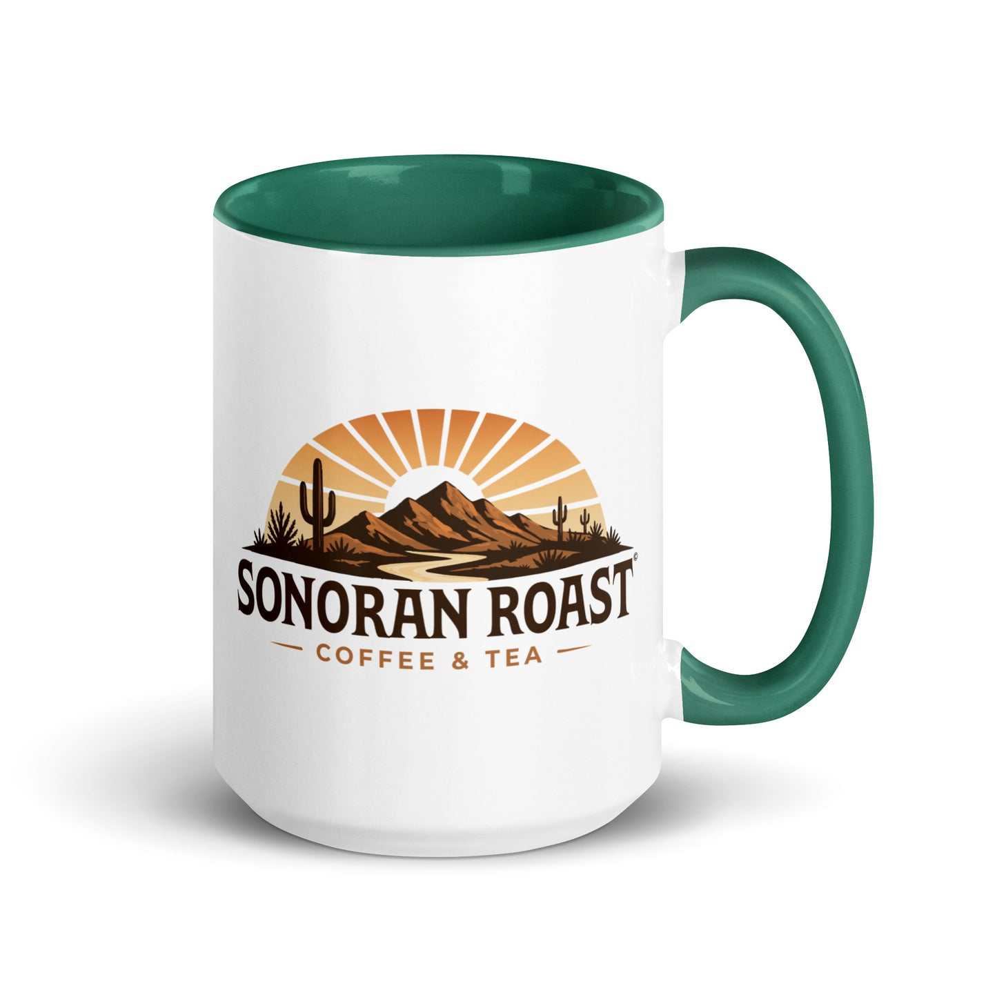 Right view of 15 ounce Sonoran Roast Mug with dark green color inside