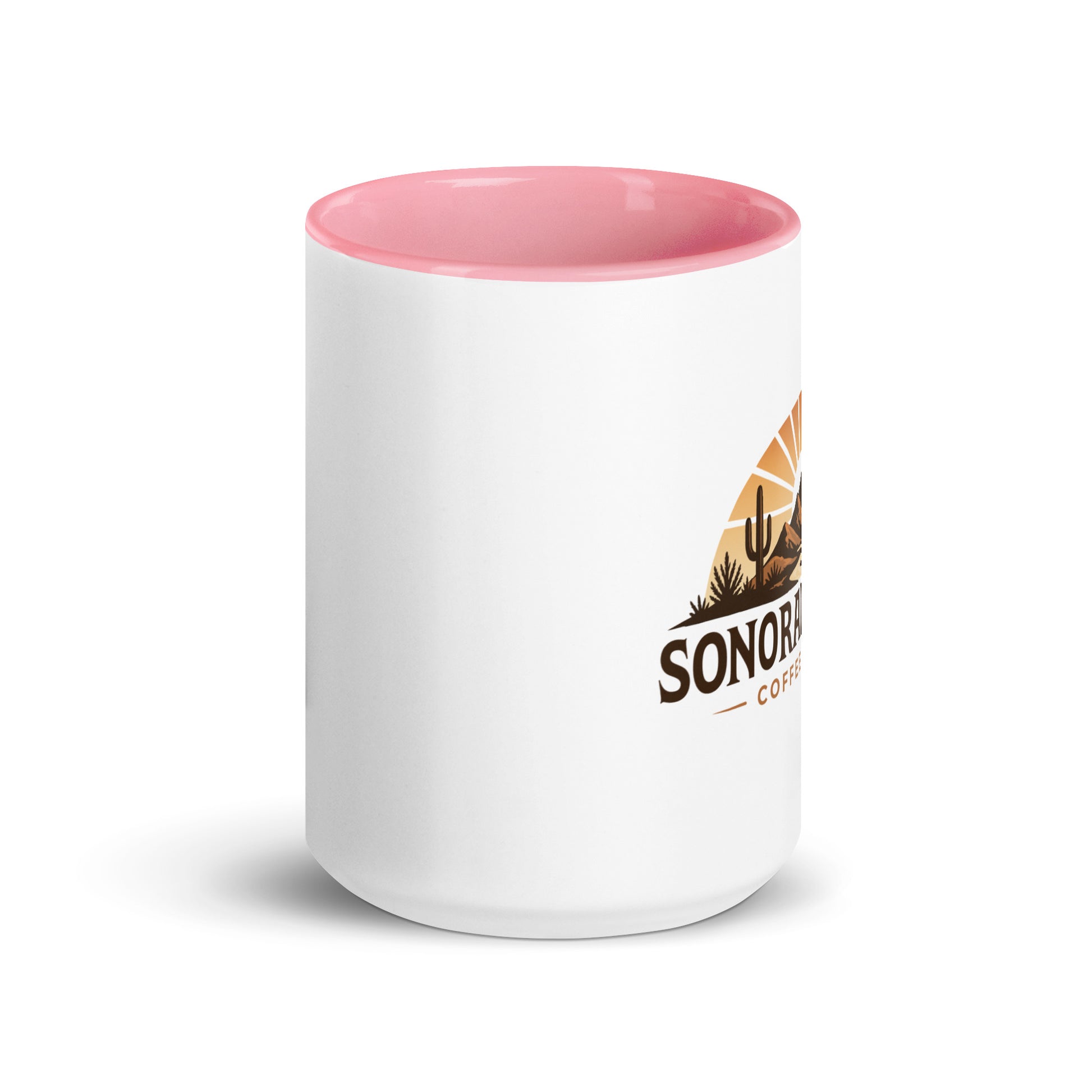 Front view of 15 ounce Sonoran Roast Mug with pink color inside