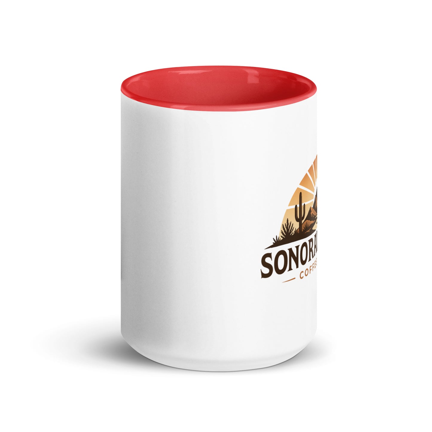 Front view of 15 ounce Sonoran Roast Mug with red color inside