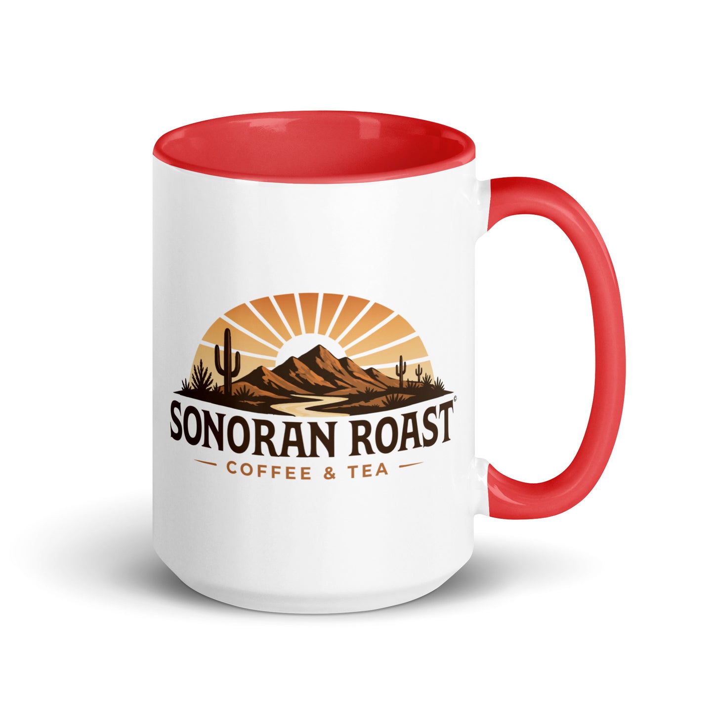 Right view of 15 ounce Sonoran Roast Mug with red color inside