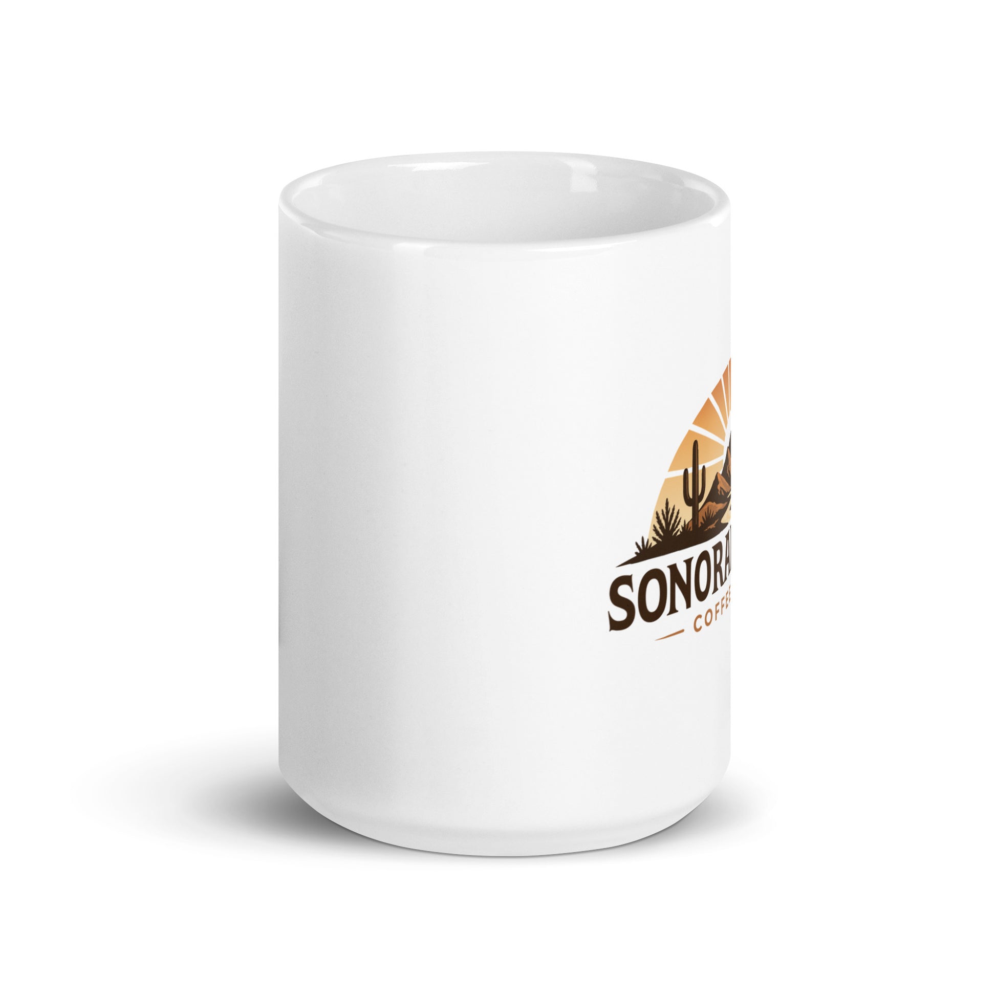 Front view of 15 ounce white Sonoran Roast Glossy Mug