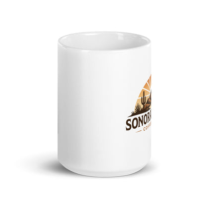 Front view of 15 ounce white Sonoran Roast Glossy Mug