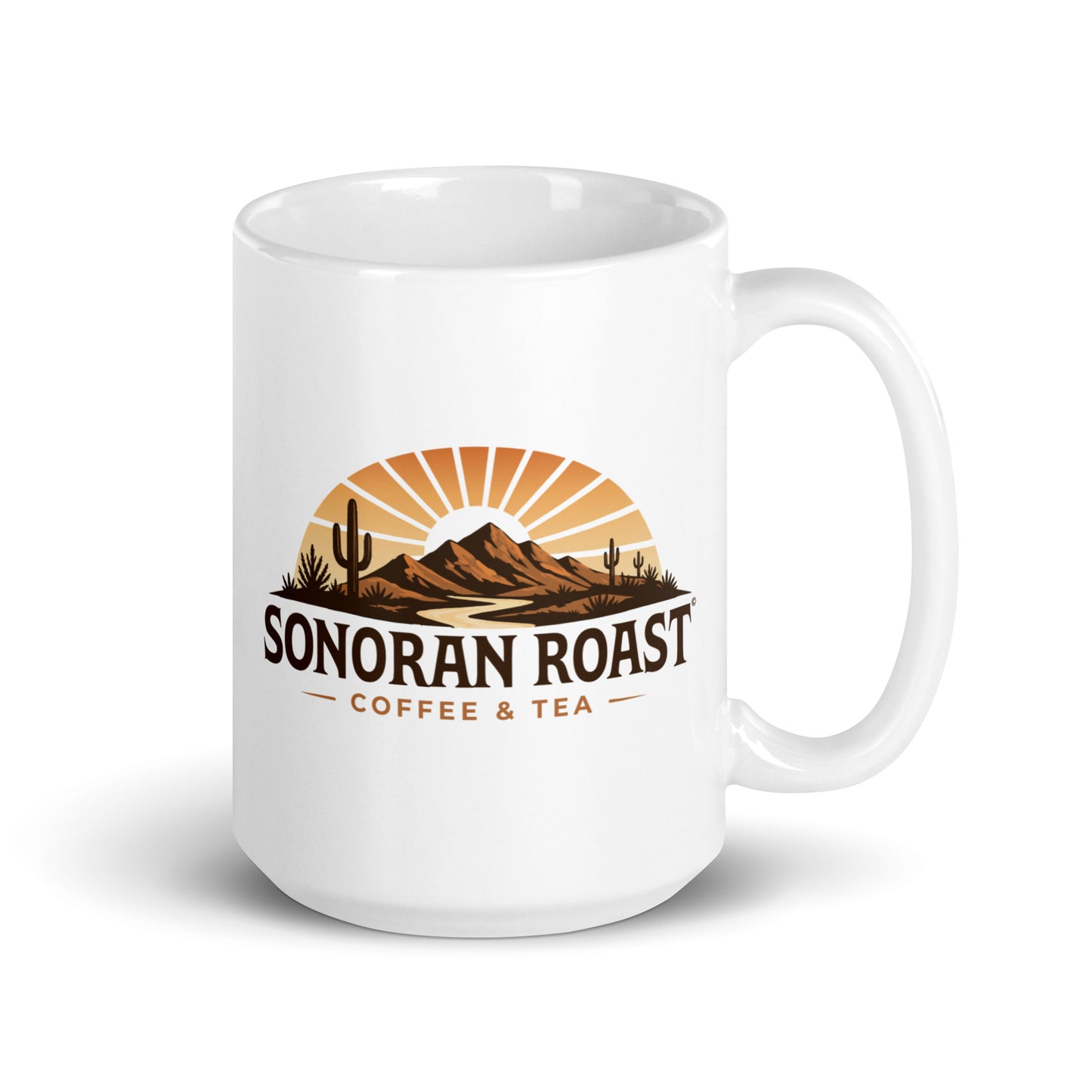 15 ounce white Sonoran Roast Glossy Mug with handle on right