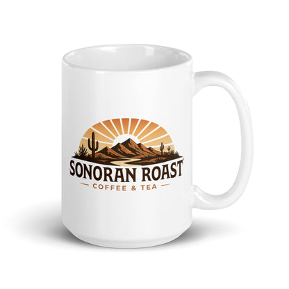15 ounce white Sonoran Roast Glossy Mug with handle on right