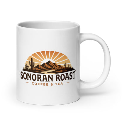 20 ounce white Sonoran Roast Glossy Mug with handle on right